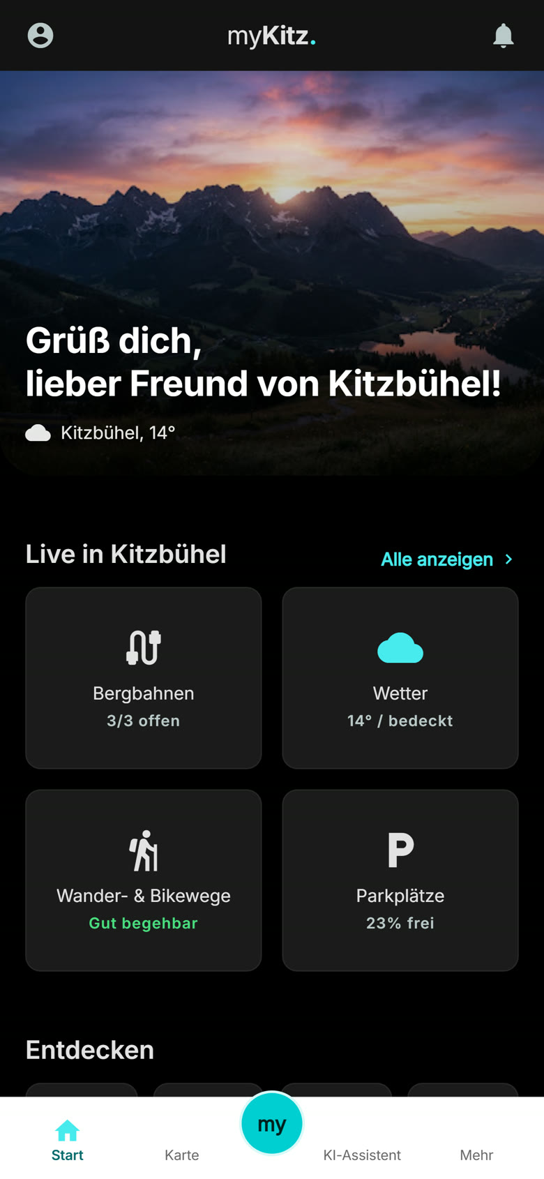 myKitz: Startseite im dunklen Modus