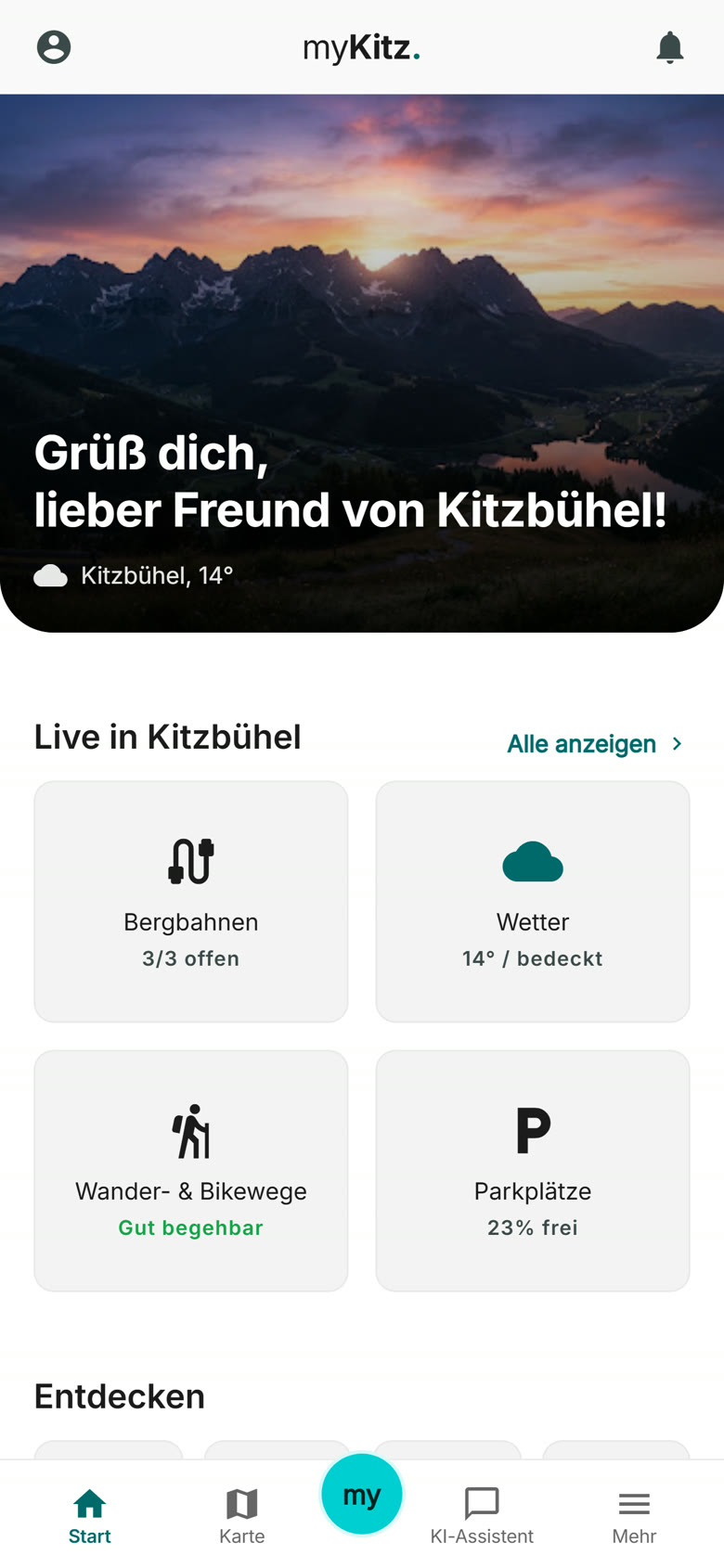 myKitz: Startseite im hellen Modus